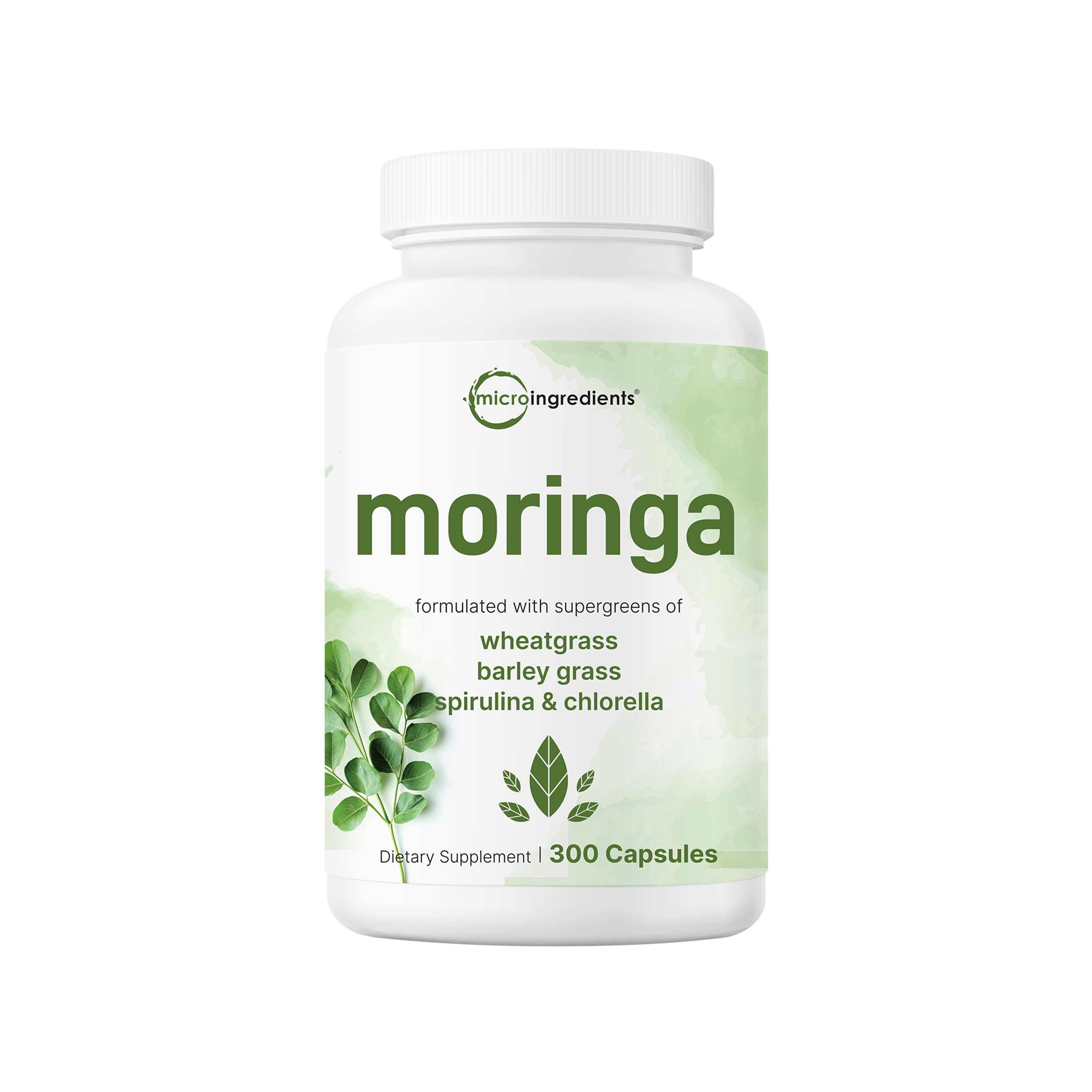 Moringa Oleifera, 300 Capsules with Supergreens Blend of Wheatgrass, Barley Grass, Spirulina, & Chlorella