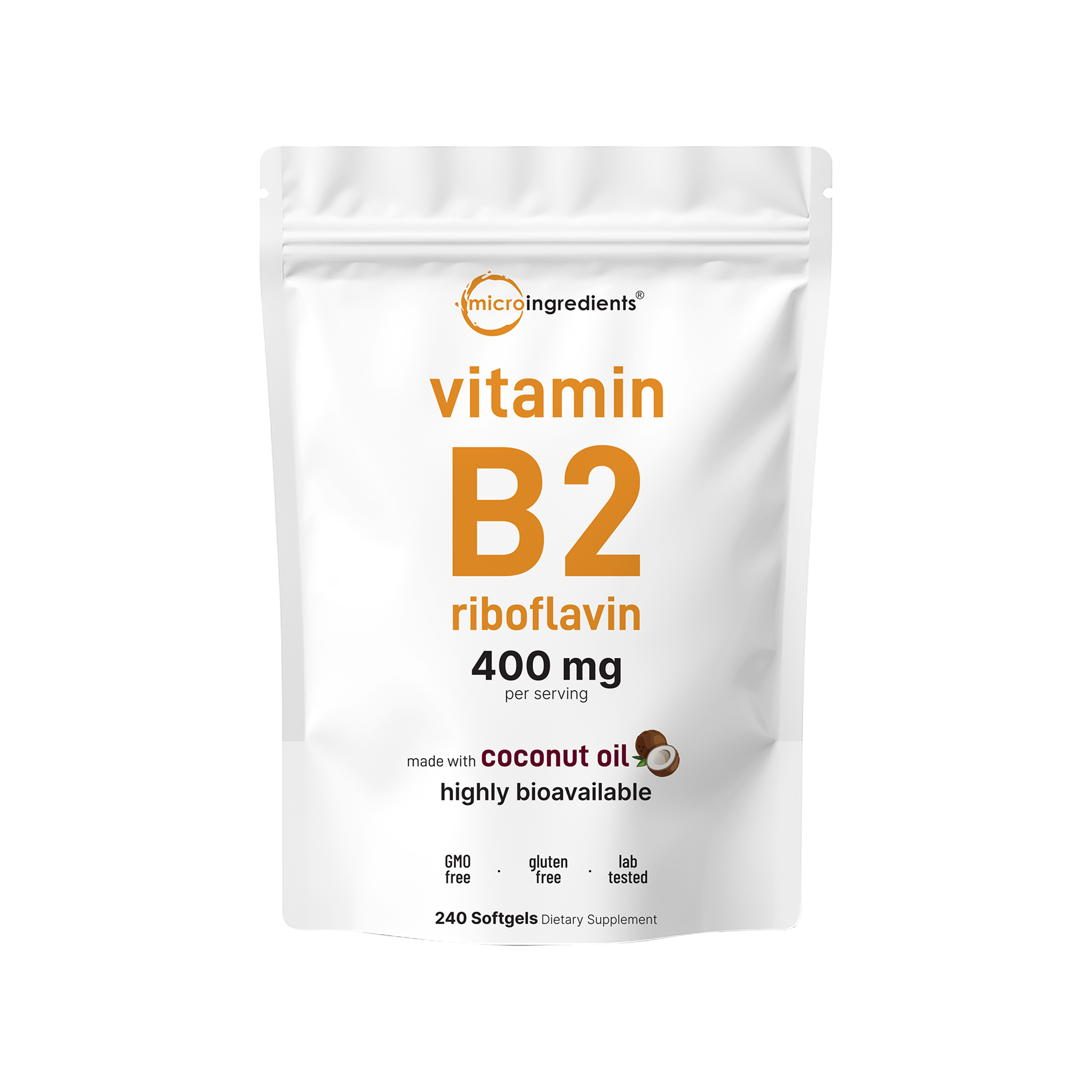 Micro Ingredients Vitamin B2, Riboflavin 400mg, 240 Softgels with Coconut Oil