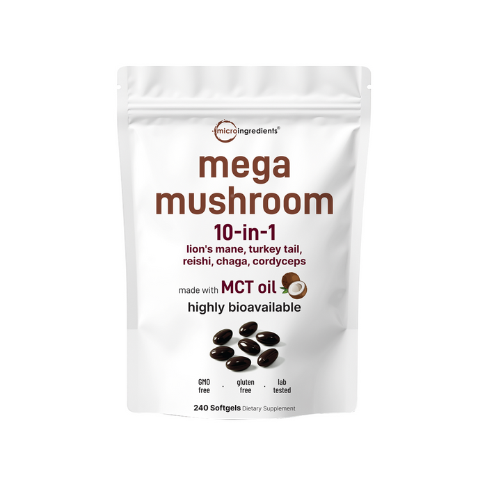 Micro Ingredients Mega Mushroom 10-in-1 with MCT Oil, 240 Softgels