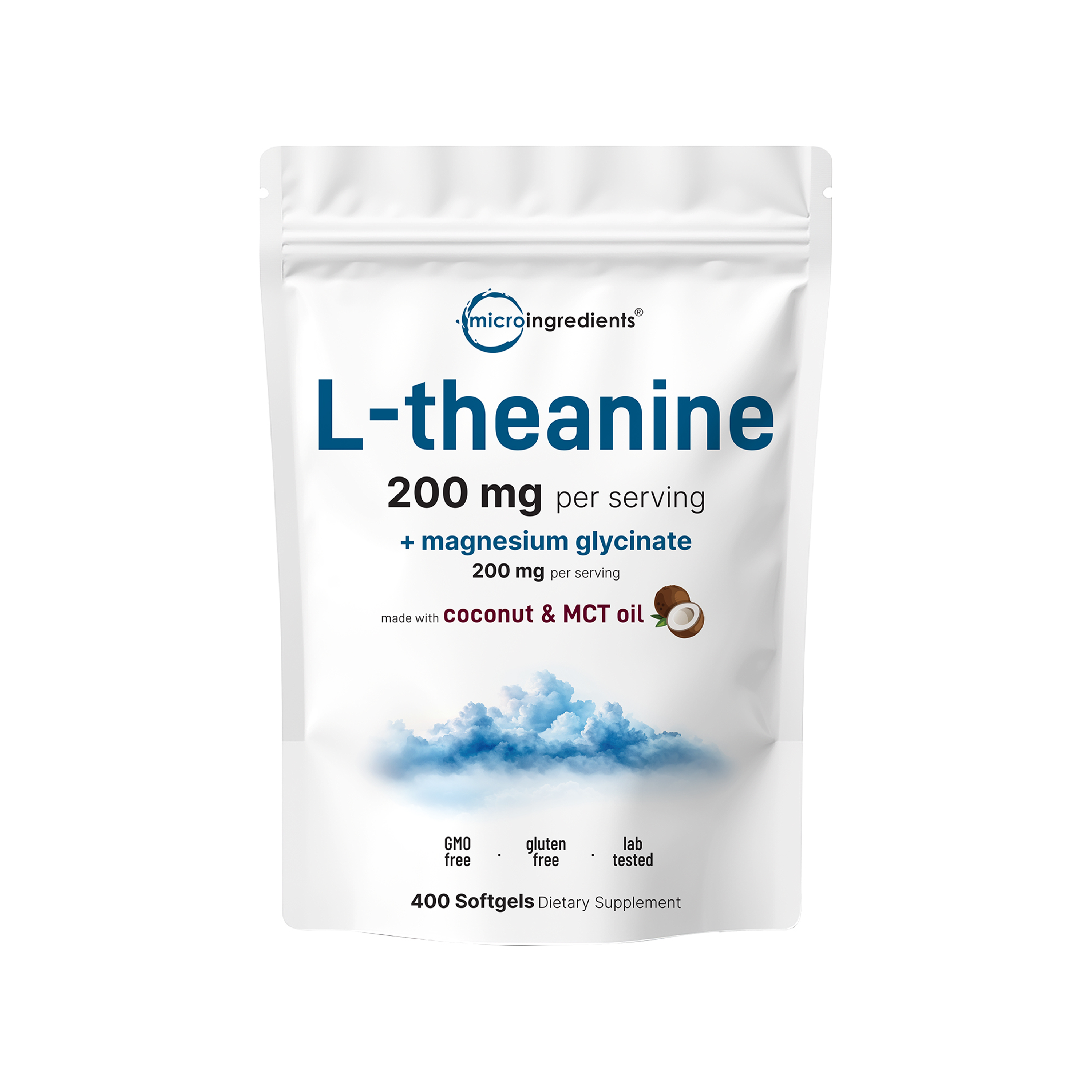 Micro Ingredients L-Theanine 200mg with Magnesium Glycinate 200mg, 400 Coconut MCT Oil Softgels