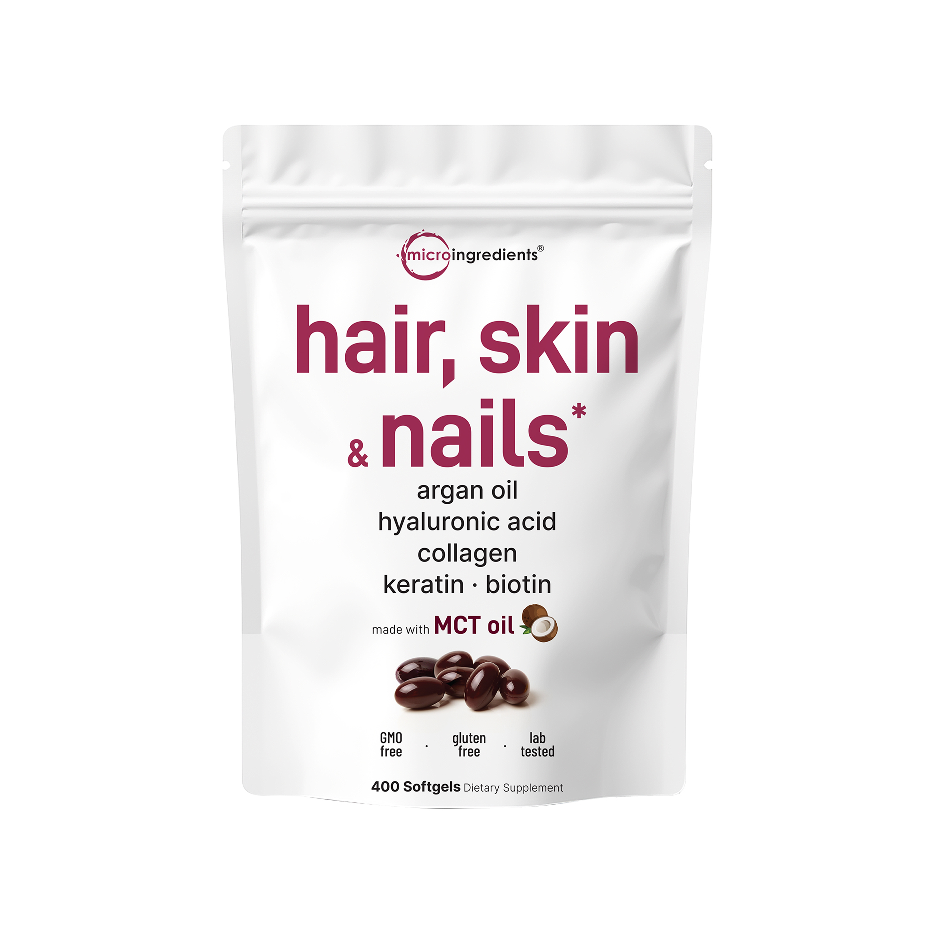 Micro Ingredients Hair, Skin, and Nails Vitamins, 400 Softgels + MCT Oil for Better Absorption