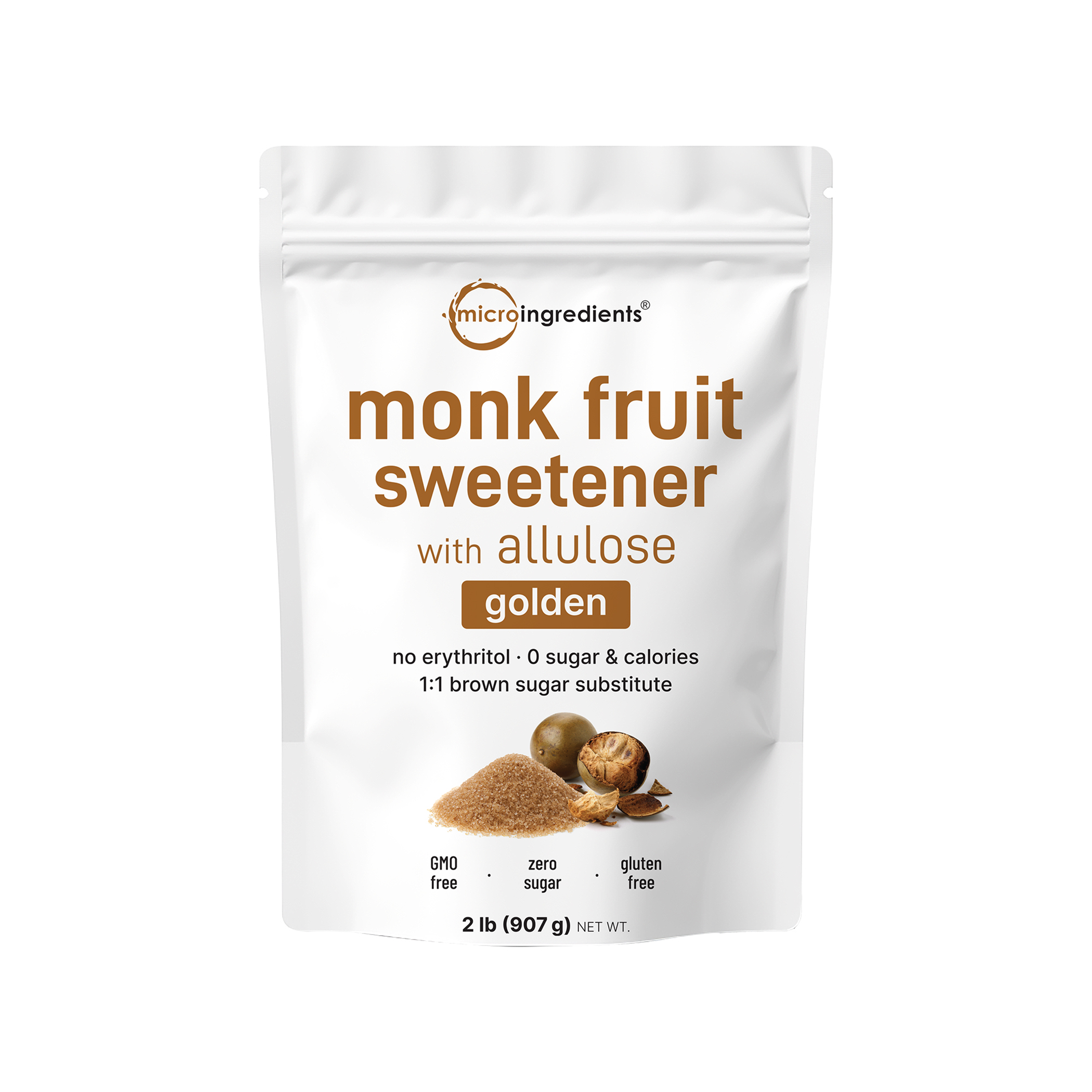 Micro Ingredients Golden Monk Fruit with Allulose Sweetener, 2 Lb – 1:1 Brown Sugar Substitute - Without Erythritol,  Zero Calorie, Great for Drinks, Coffee, Tea, Cookies | Keto, Vegan, Non-GMO