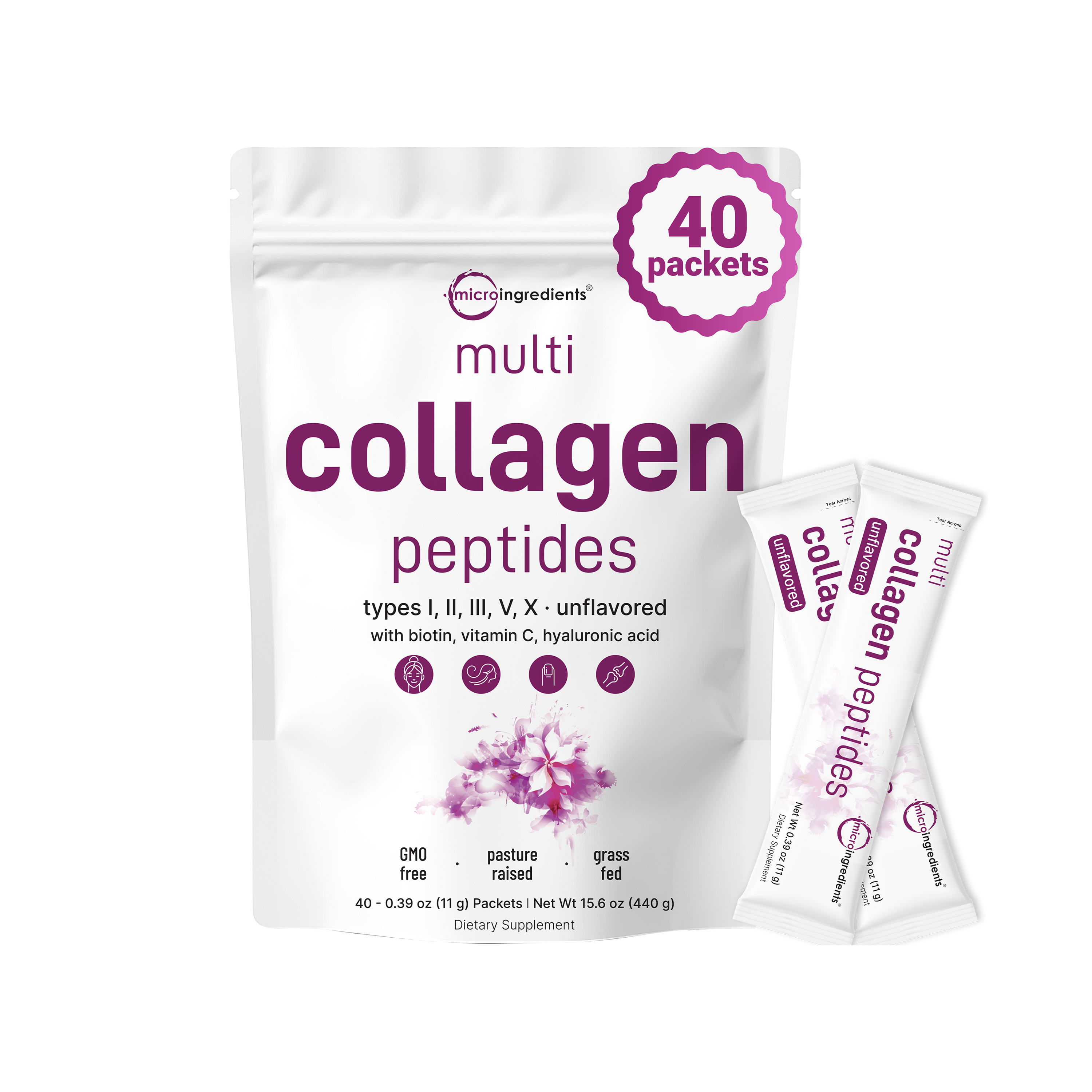 Micro Ingredients Multi Collagen Peptides Powder - Hydrolyzed Protein Peptides (Type I,II,III,V,X) with Hyaluronic Acid, Biotin & Vitamin C Unflavored