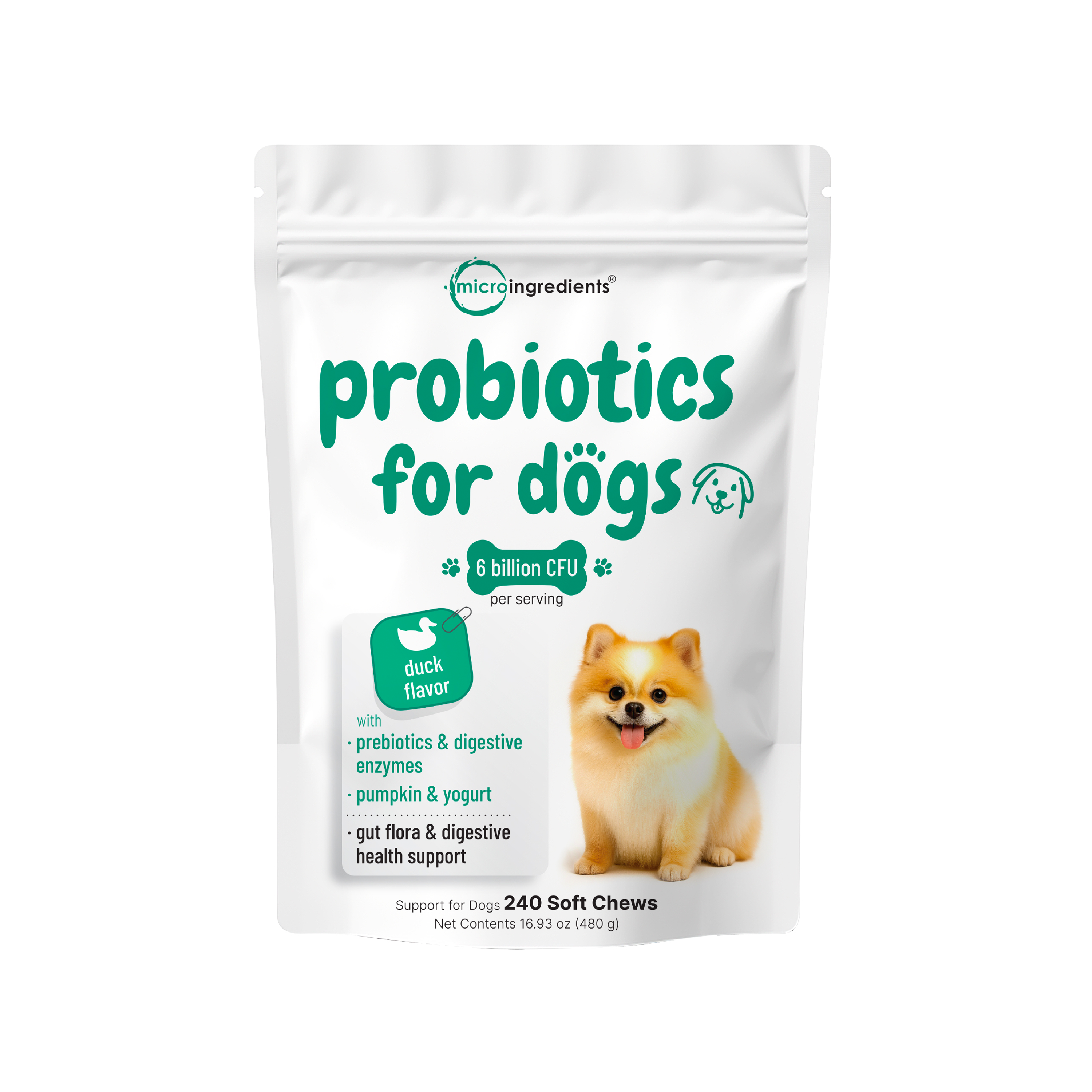 Micro Ingredients Probiotics for Dogs 6 Billion CFU, Duck Flavor, 240 Soft Chews