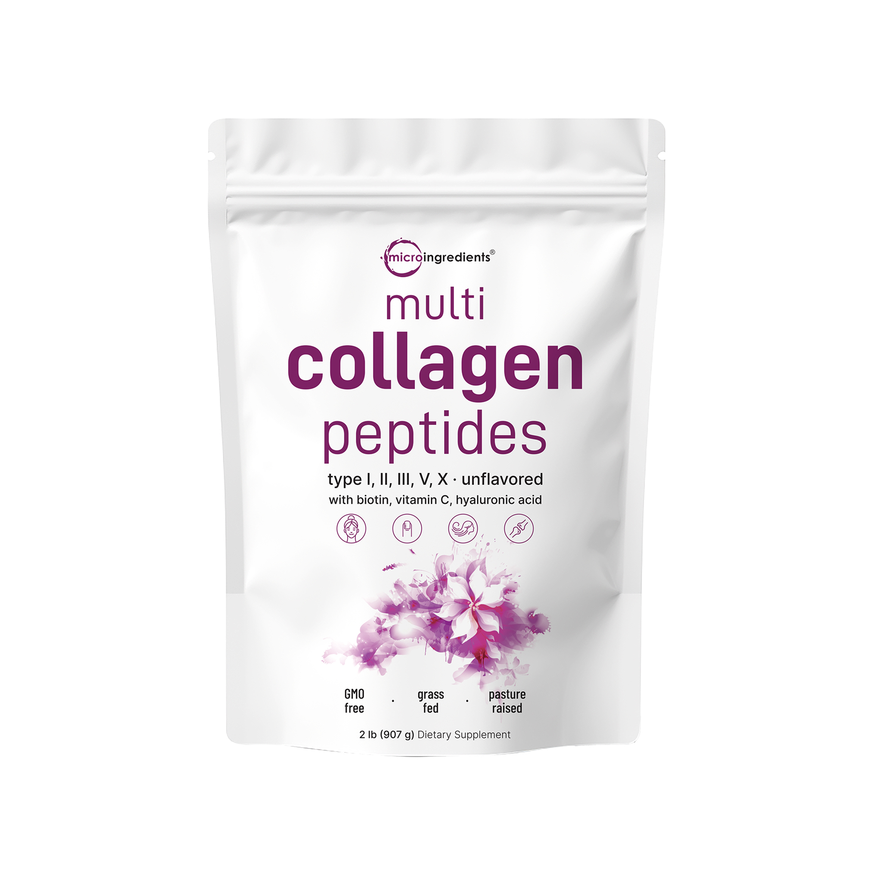 Micro Ingredients Multi Collagen Peptides Powder - Hydrolyzed Protein Peptides (Type I,II,III,V,X) with Hyaluronic Acid, Biotin & Vitamin C Unflavored