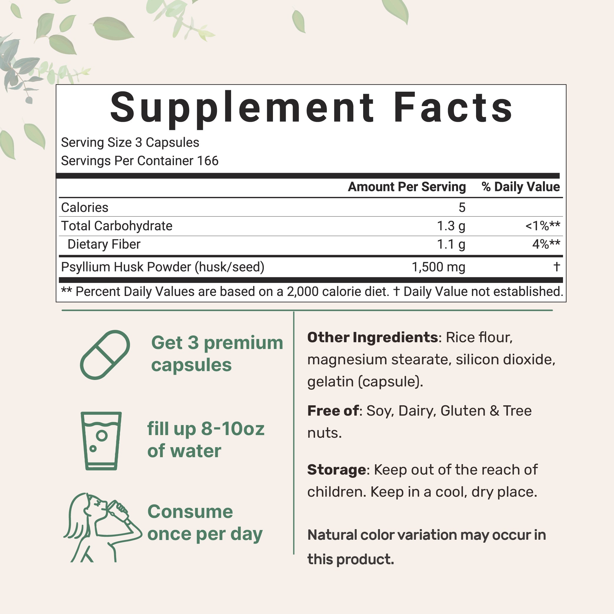 Micro Ingredients Psyllium Husk Caps 1,500mg, 500 Capsules | Daily Soluble Fiber Supplement