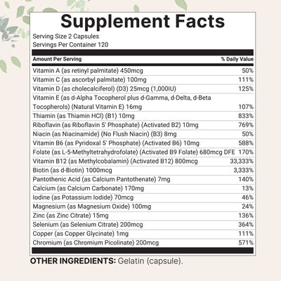 Micro Ingredients 2 Pack Pure Methylated Multivitamin, 480 Capsules