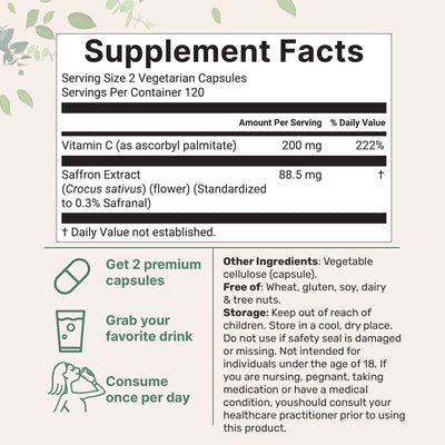 Micro Ingredients Pure Saffron Extract 88.5mg, 240 Veggie Capsules with High Absorption Fat-Soluble Vitamin C