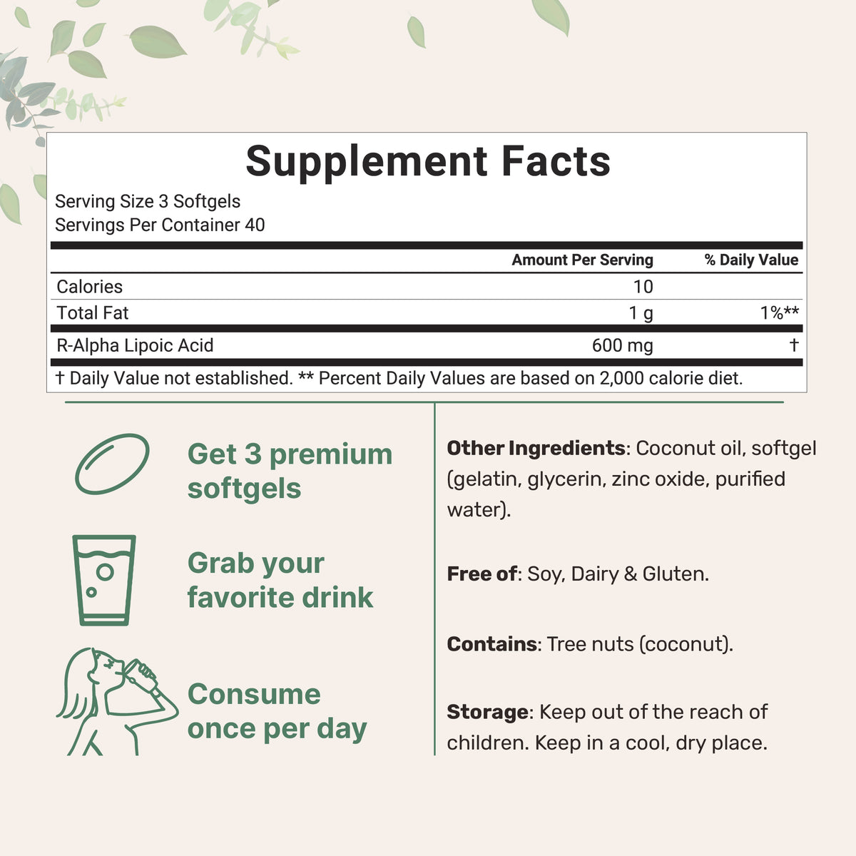 Micro Ingredients R Alpha Lipoic Acid 600mg with Coconut Oil, 120 Soft