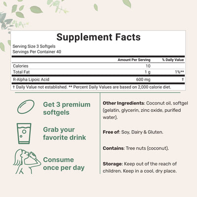 Micro Ingredients R Alpha Lipoic Acid 600mg with Coconut Oil, 120 Softgels