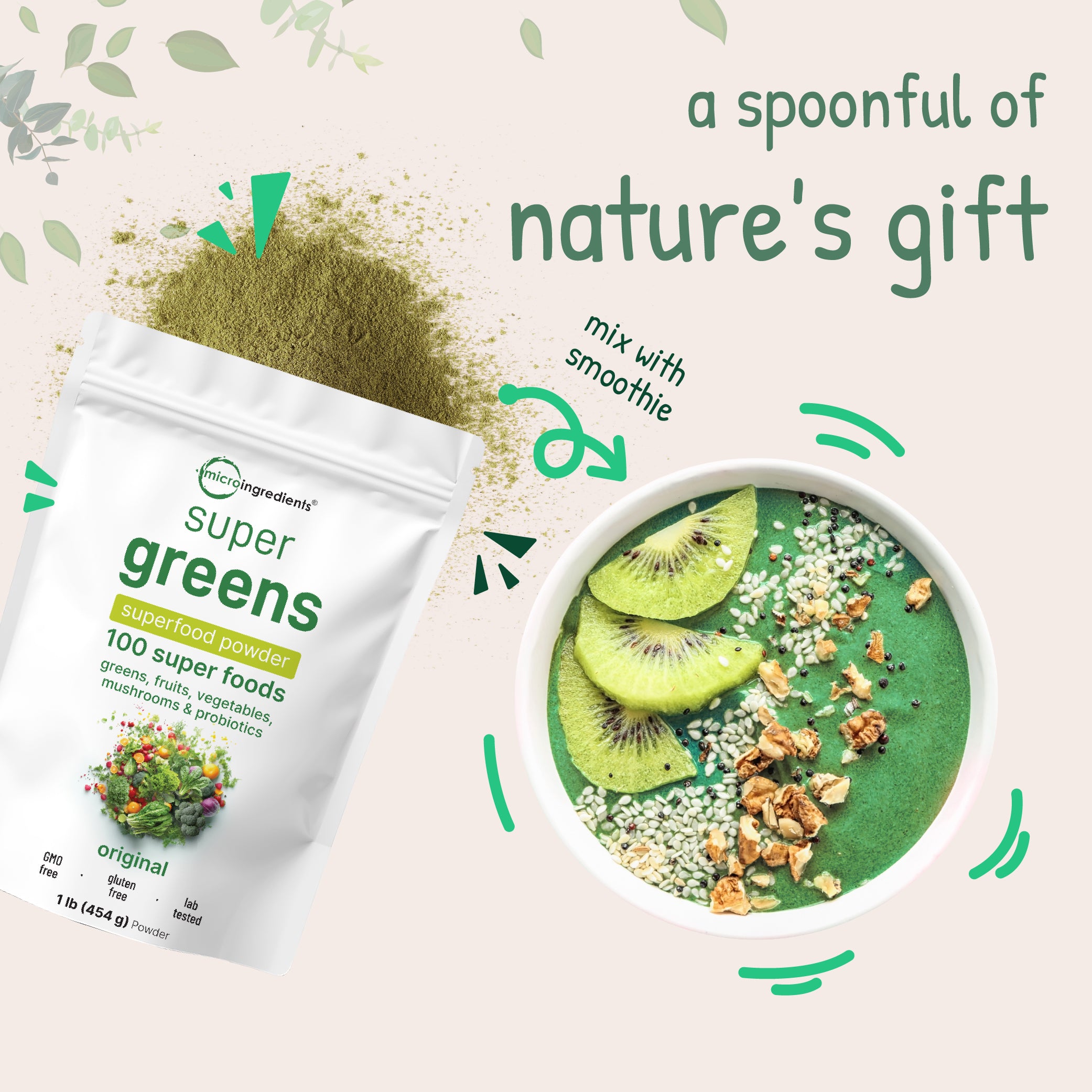 Micro Ingredients Super Greens Powder, 1lb | 100 Superfood Blend