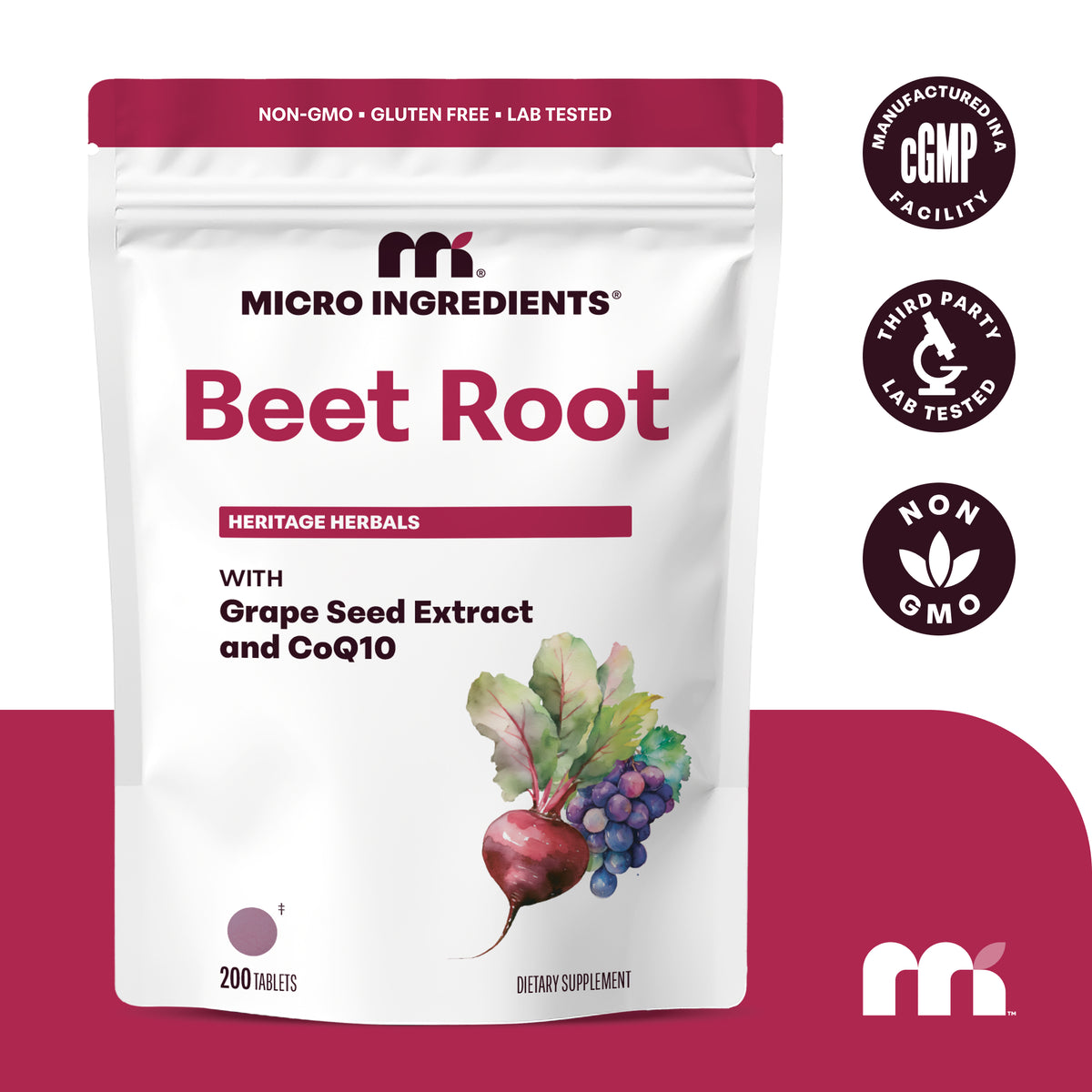 Micro Ingredients Beet Root Supplement with Grape Seed Extract & CoQ10, 200 Tablets