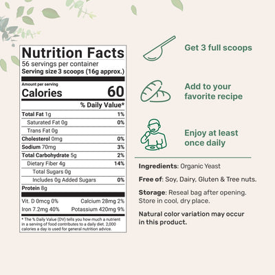 Organic Non-Fortified Nutritional Yeast Flakes - Pure & Powdered Nutrition Facts
