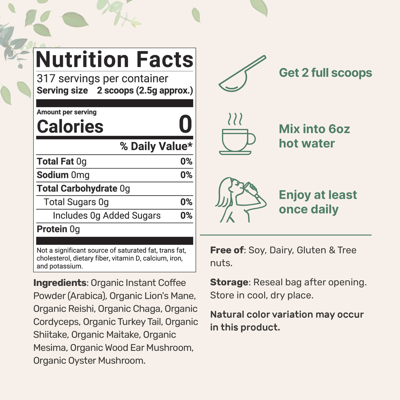 Organic Instant 10 in 1 Mushroom Coffee Powder, 28 Ounce (317 Servings)