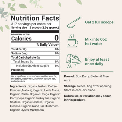 Organic Instant 10 in 1 Mushroom Coffee Powder, 28 Ounce (317 Servings)
