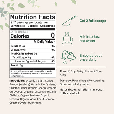 Organic Instant 10 in 1 Mushroom Coffee Powder Nutrition Facts