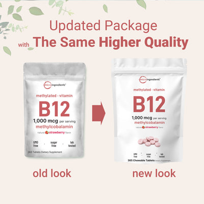 Micro Ingredients Vitamin B12 1,000mcg | Methyl B12 Active Form | 365 Chewable Tablets