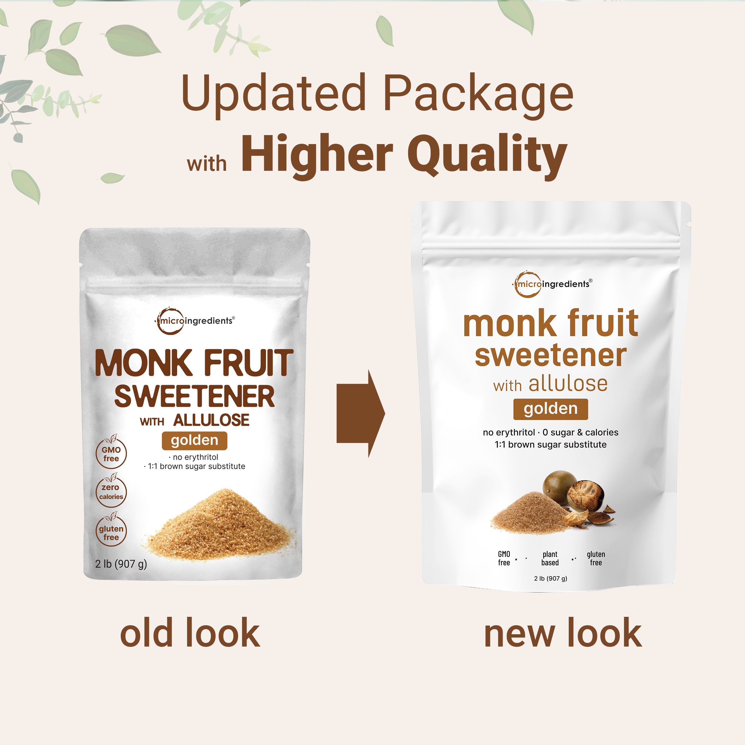 Micro Ingredients Golden Monk Fruit with Allulose Sweetener, 2 Lb – 1:1 Brown Sugar Substitute - Without Erythritol,  Zero Calorie, Great for Drinks, Coffee, Tea, Cookies | Keto, Vegan, Non-GMO