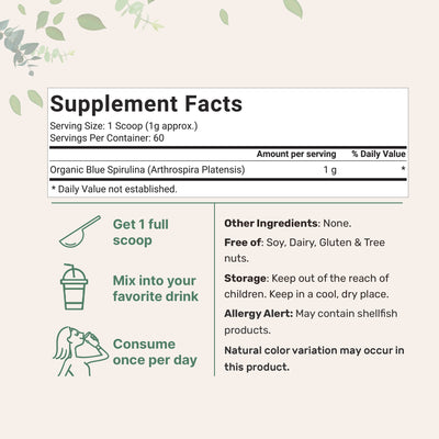 Micro Ingredients Organic Blue Spirulina Powder (Phycocyanin Extract) - No Fishy Smell, 100% Vegan Protein from Blue-Green Algae