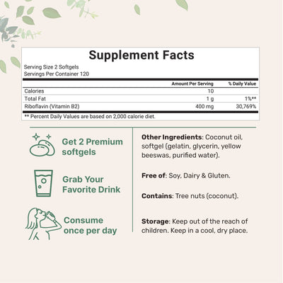 Micro Ingredients Vitamin B2, Riboflavin 400mg, 240 Softgels with Coconut Oil