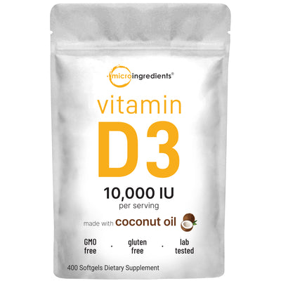 Micro Ingredients Vitamin D3 10,000 IU, 400 Softgels | Virgin Coconut Oil