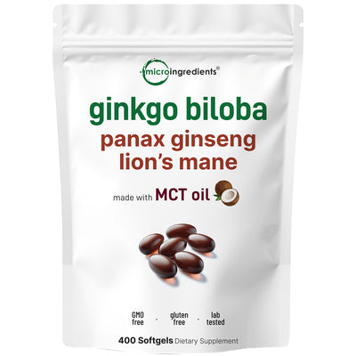 Micro Ingredients Ginkgo Biloba 5,600mg Equivalent, 400 Softgels, 3-in-1 with Ginseng & Lions Mane