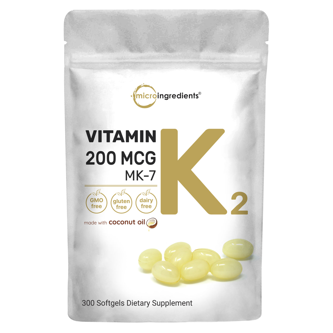 Vitamin K2 MK-7 Supplement, 200 mcg Per Serving, 300 Coconut Oil Softgles