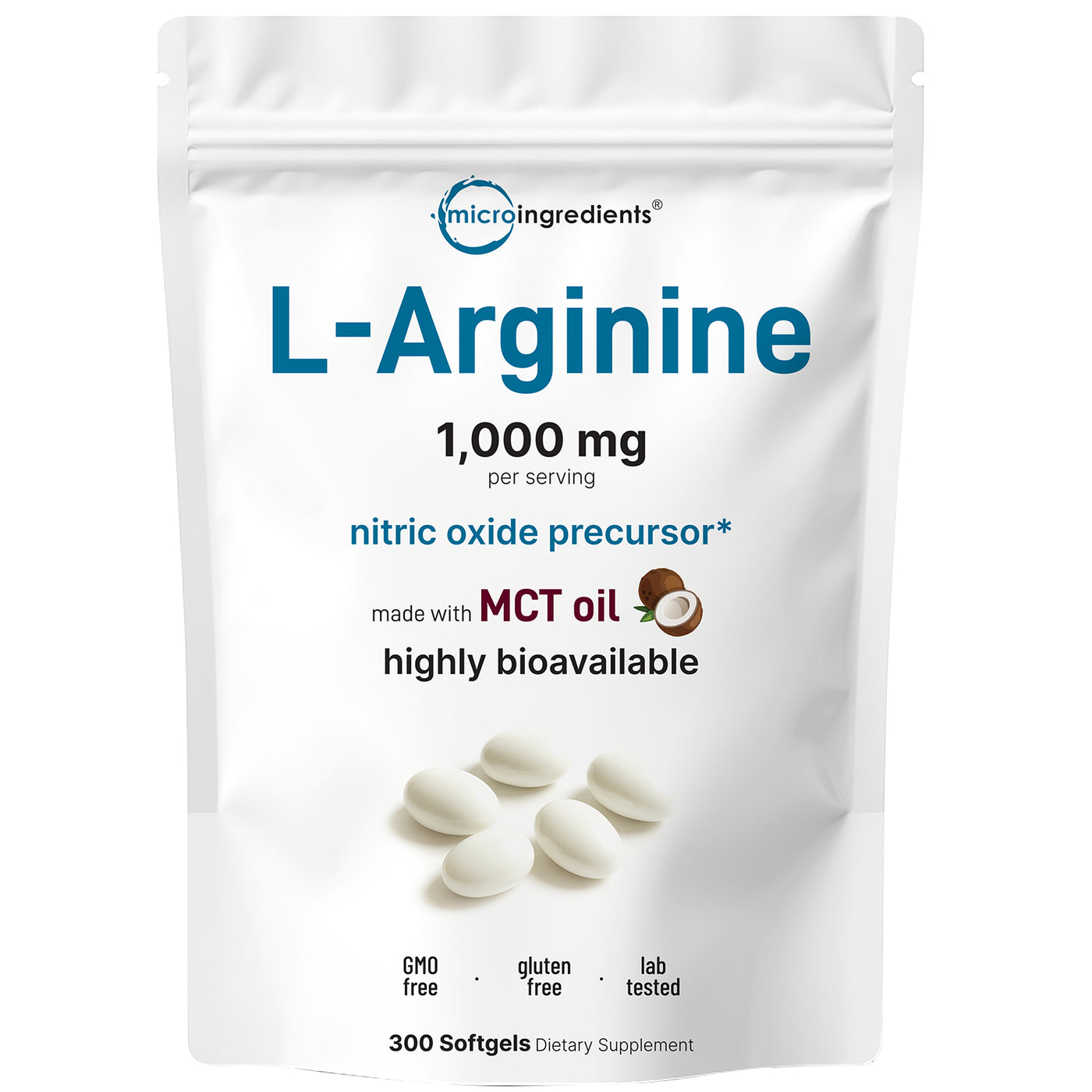 Micro Ingredients L-Arginine 1000mg with MCT Oil, 300 Softgels