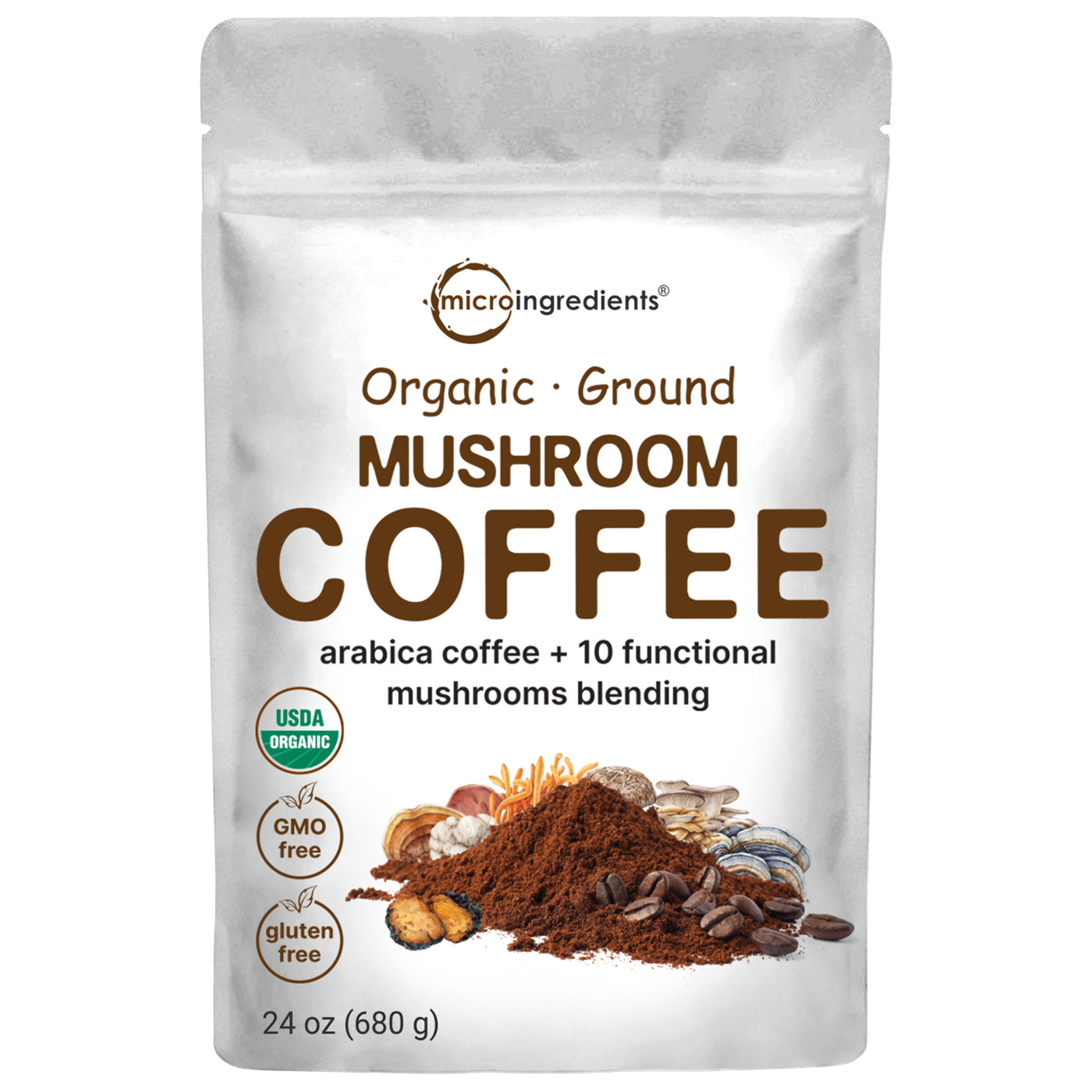 Organic 10 in 1 Ground Mushroom Coffee Powder, 24oz