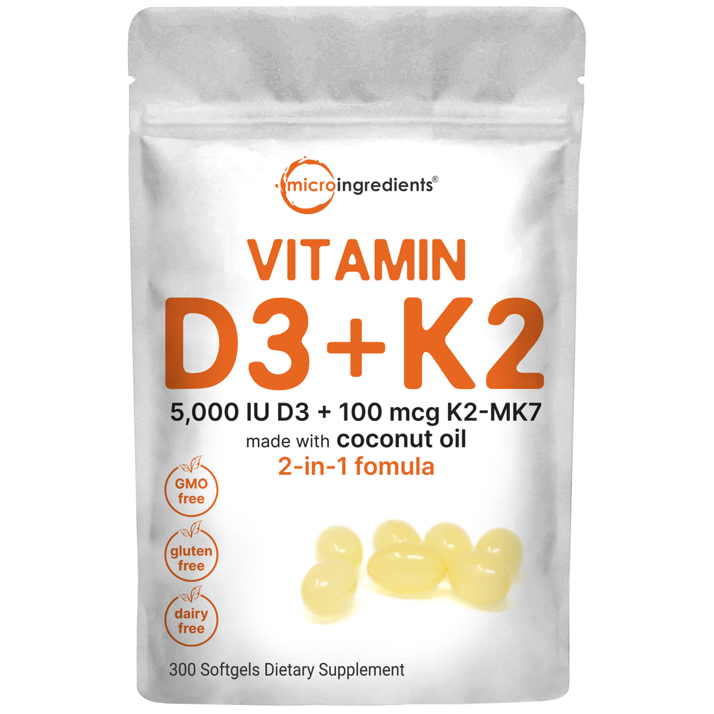 Vitamin D3 5000 iu Plus K2 (MK-7) 100 mcg, 300 Virgin Coconut Oil Softgel