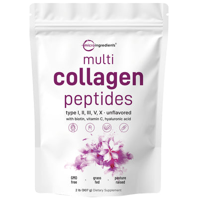 Multi Collagen Peptides Powder - Hydrolyzed Protein Peptides (Type I,II,III,V,X) with Hyaluronic Acid, Biotin & Vitamin C - Unflavored