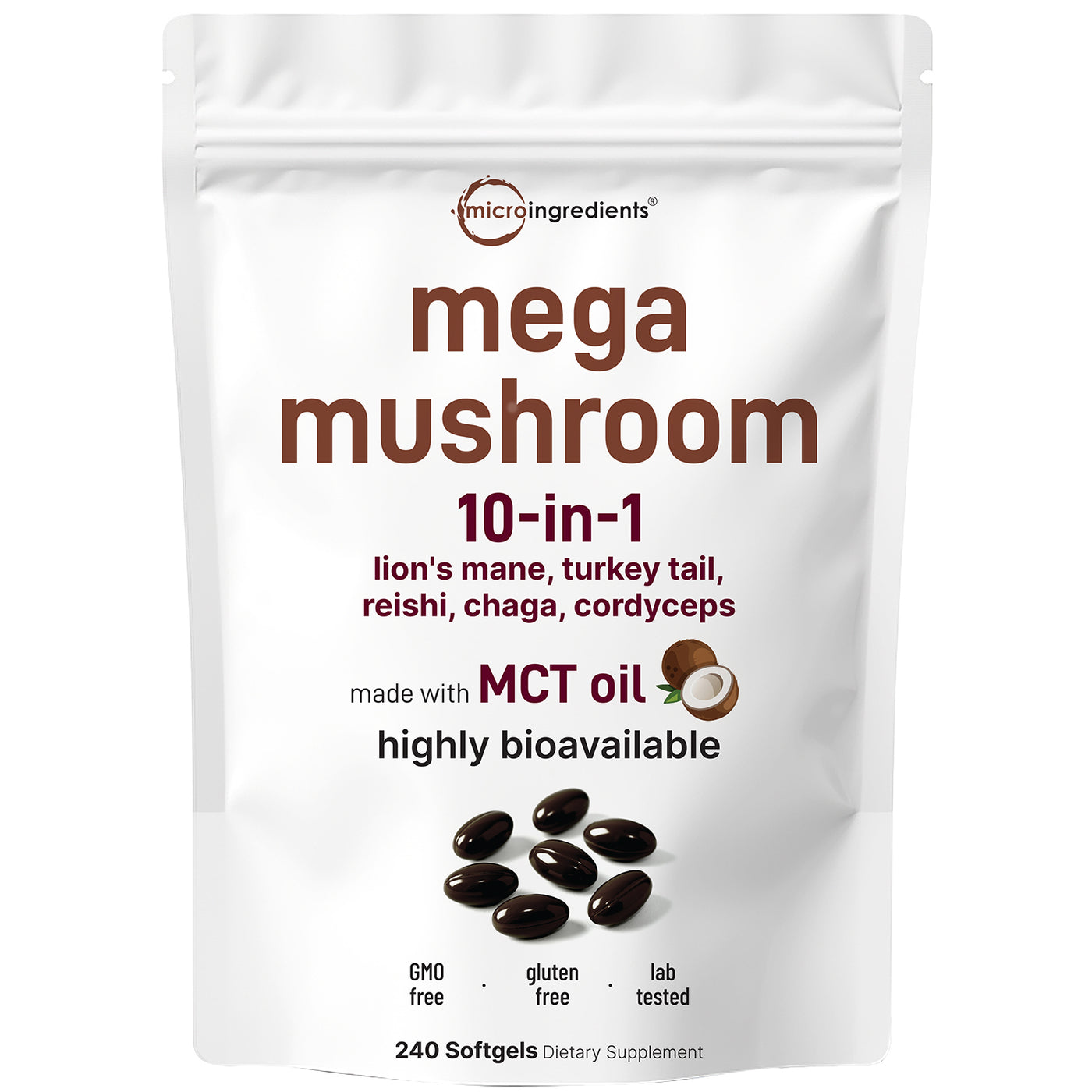 Micro Ingredients Mega Mushroom 10-in-1 with MCT Oil, 240 Softgels