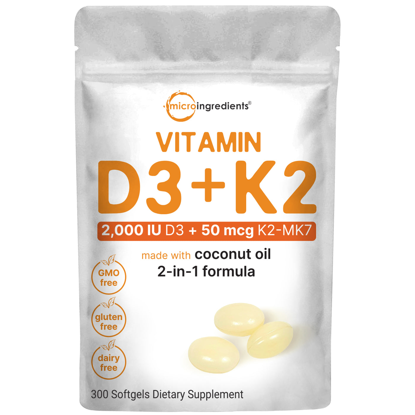 Micro Ingredients Vitamin D3 K2 5000IU /2000IU / 1000IU, Infused with Virgin Coconut Oil, 300 Softgels