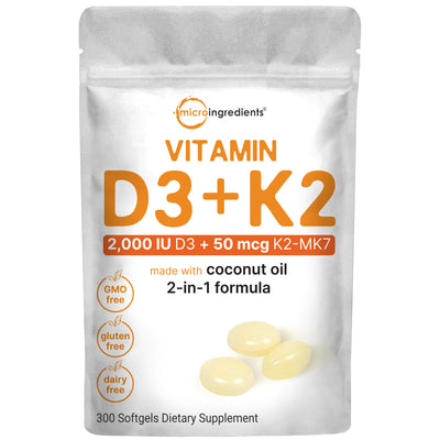 Micro Ingredients Vitamin D3 K2 5000IU /2000IU / 1000IU, Infused with Virgin Coconut Oil, 300 Softgels