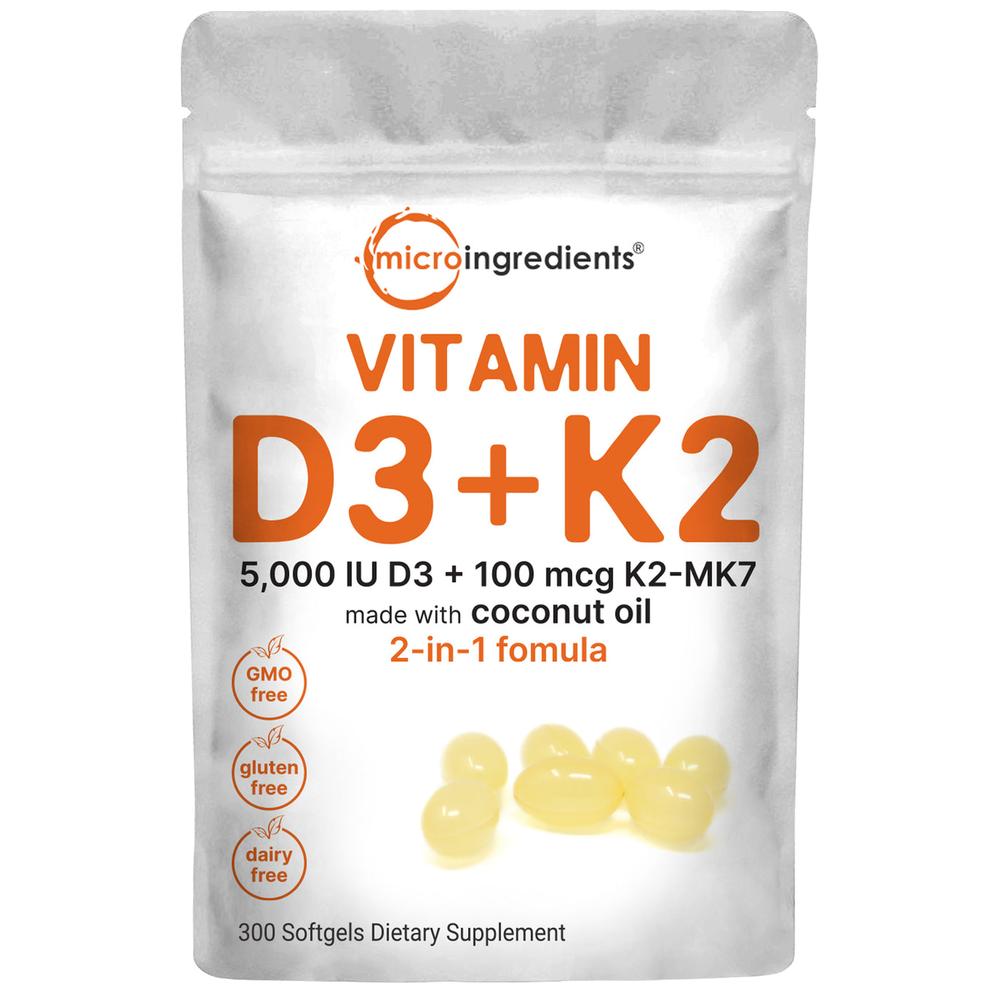 Micro Ingredients Vitamin D3 K2 5000IU /2000IU / 1000IU, Infused with