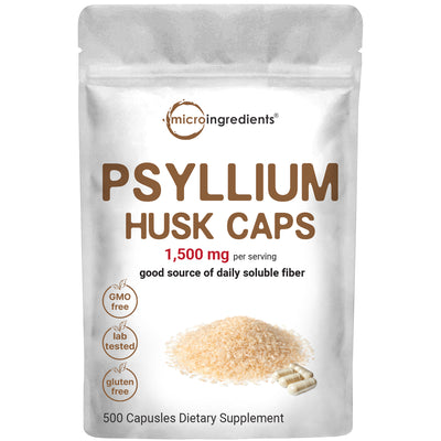 Micro Ingredients Psyllium Husk Caps 1,500mg, 500 Capsules | Daily Soluble Fiber Supplement