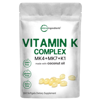 Vitamin K2 MK-4 + MK-7 & K1 Supplement, 360 Softgles with Coconut Oil