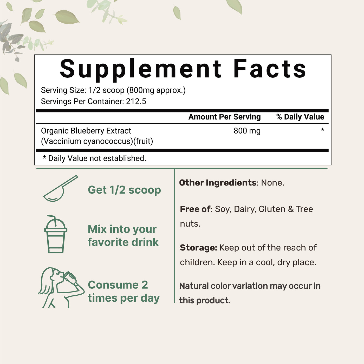 Organic Blueberry Powder, 6 Ounces Supplement Facts