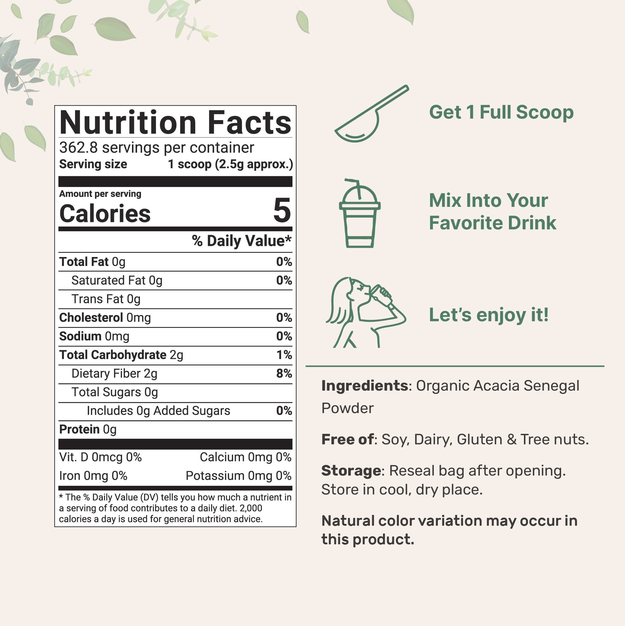 Organic Acacia Senegal Fiber Powder, 2 Pounds Supplement Facts