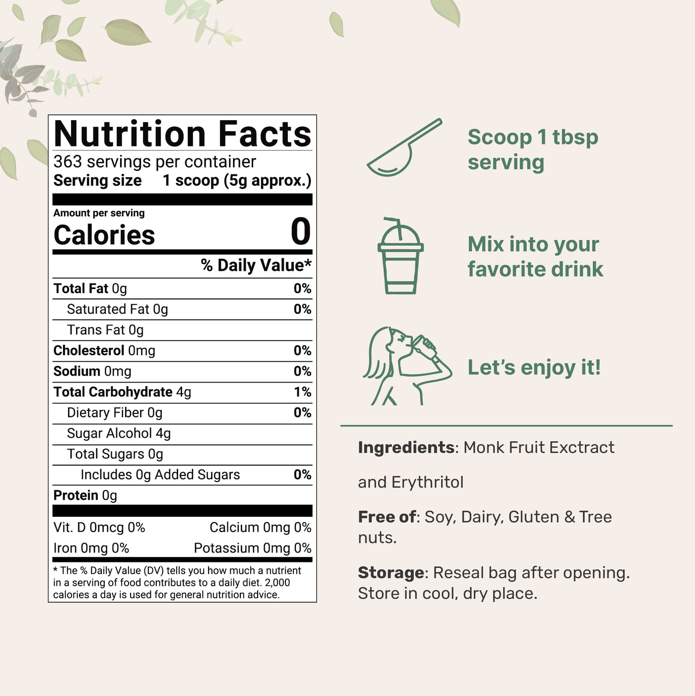 Golden Monk Fruit Sweetener with Erythritol Nutrition facts