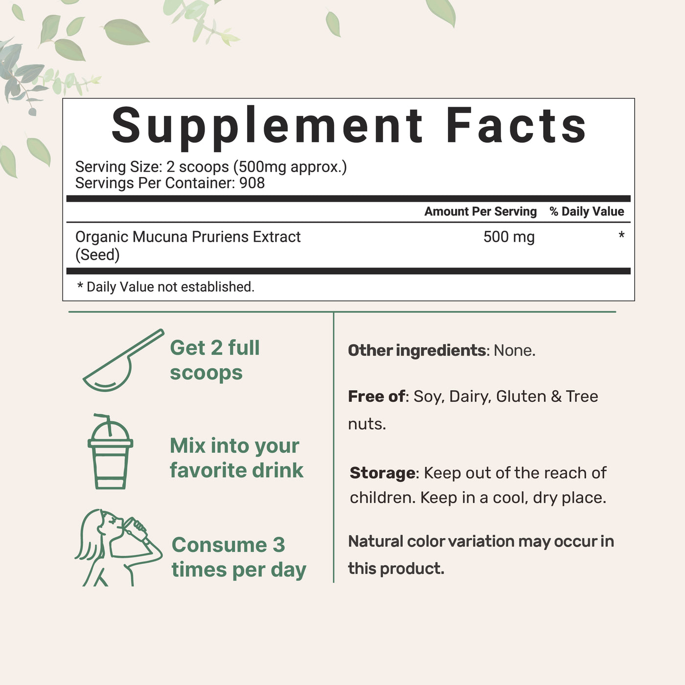 Organic Mucuna Pruriens Powder, 1 Pound Supplement Facts