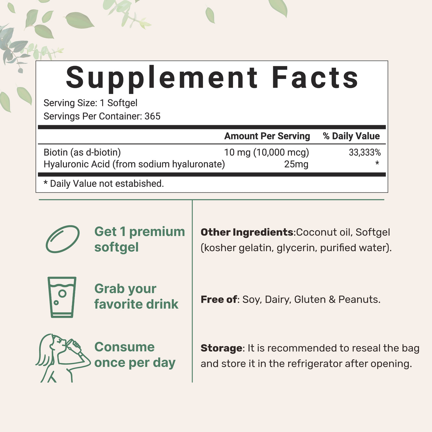 Biotin with Hyaluronic Acid, 365 Softgel Supplement Facts