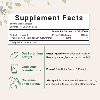 Biotin with Hyaluronic Acid, 365 Softgel Supplement Facts