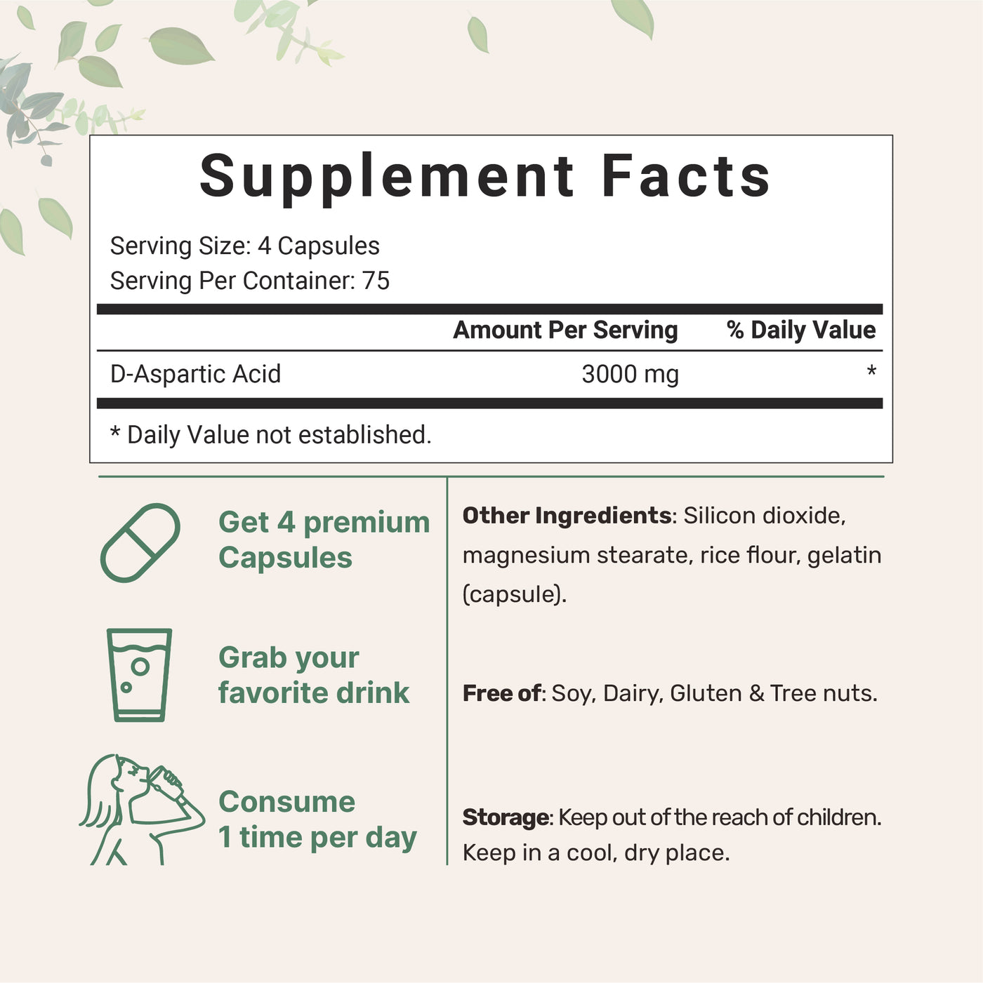 D-Aspartic Acid DAA, 300 Capsules Supplement facts