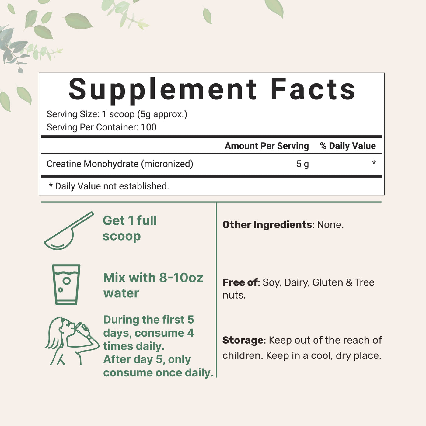 Creatine Monohydrate Powder 500g Supplement facts