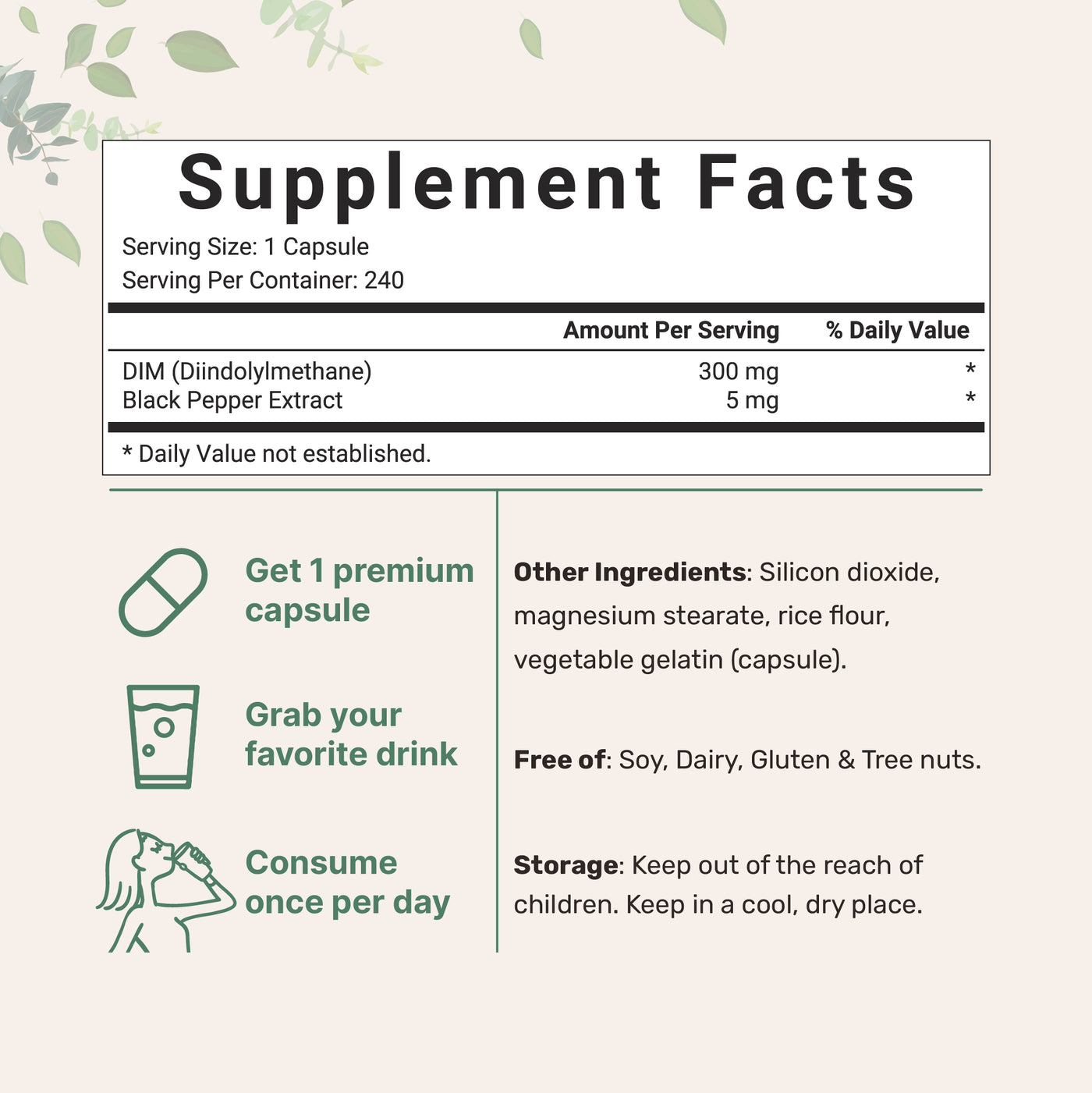 DIM(BLACKPEPPER), 240 Capsules Supplement Facts