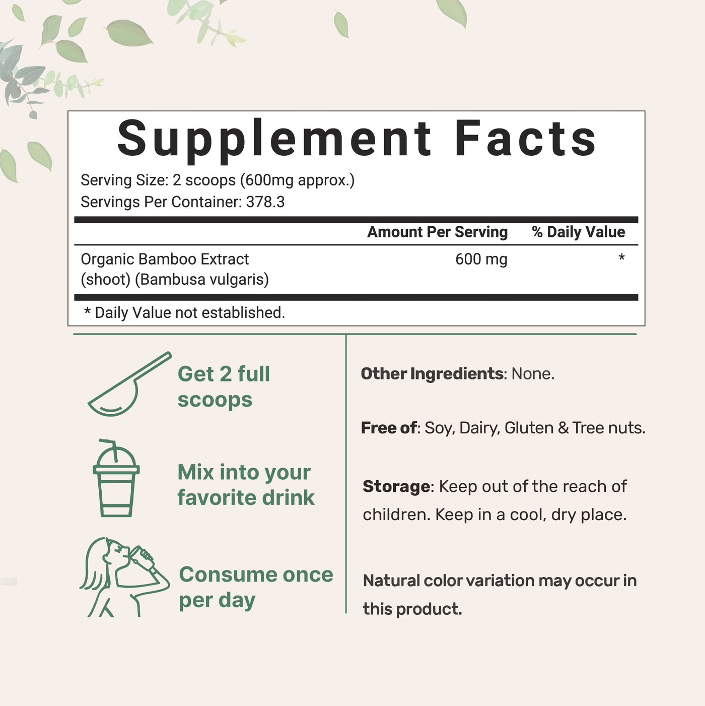 Organic Bamboo Powder, 8 Ounces Supplement facts