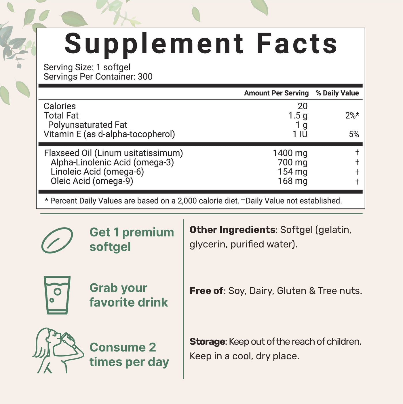 Flaxseed Oil, 300 Softgels Supplement Facts