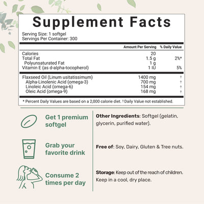 Flaxseed Oil, 300 Softgels Supplement Facts