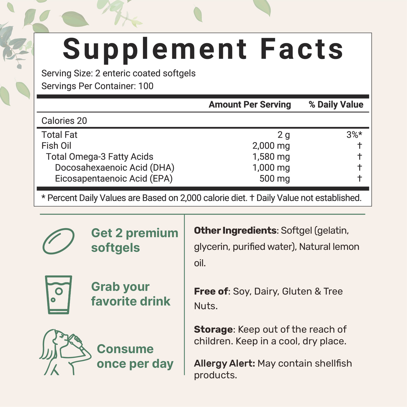 Omega 3 Fish Oil DHA Supplements 1000mg with EPA 500mg Supplement Facts
